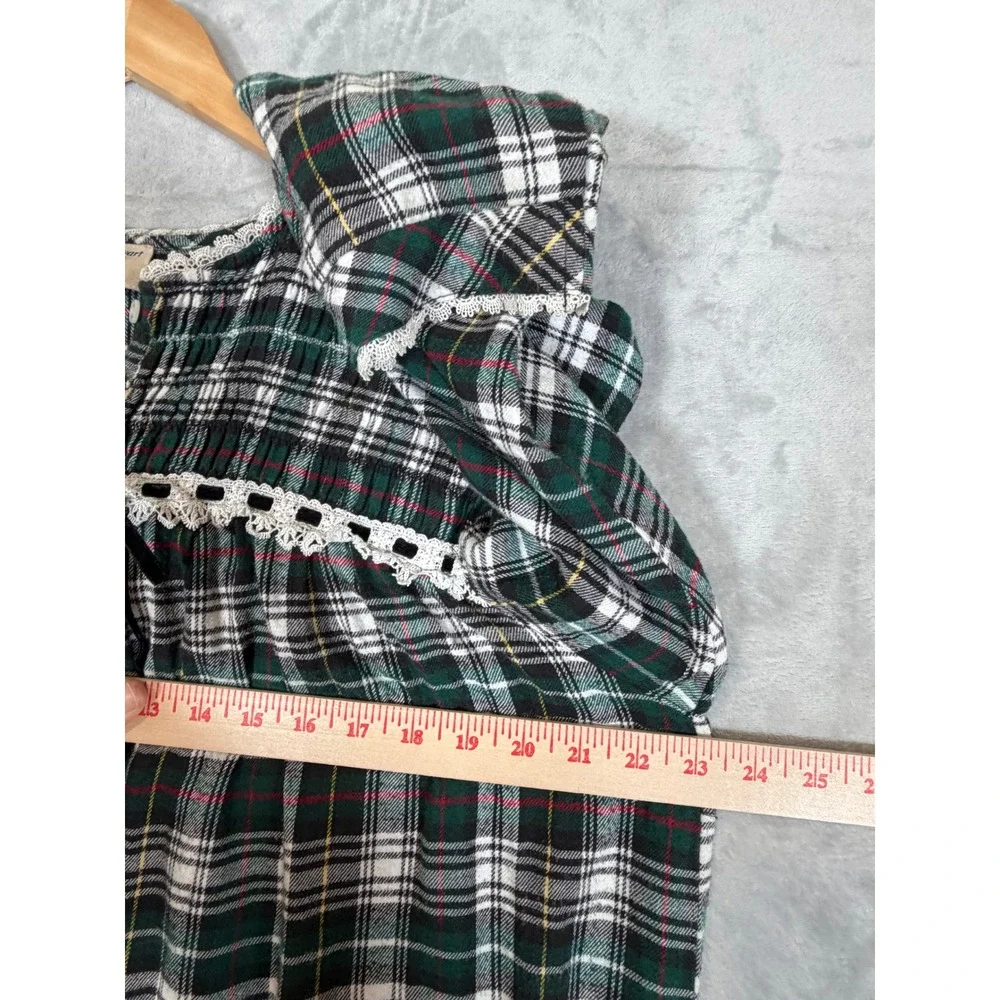 VTG Amanda Stewart Plaid Nightgown Medium Green White Cotton Flannel Lace Trim - Picture 7 of 11